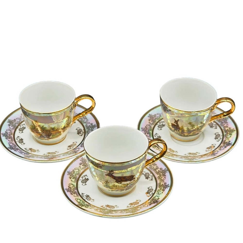 Crystal de Luxe F Czech Republic Lusterware Tea Cup Saucer Set 3 Deer Rabbits
